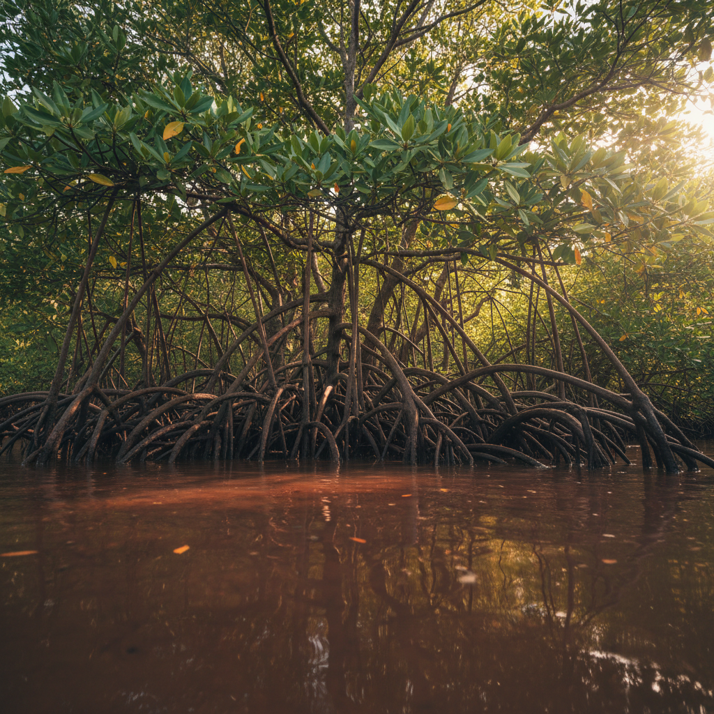A tranquil photographic scene of a Mayotte mangrove forest interior, where intricate root systems form a natural cathedral. In the foreground, tangled, arching prop roots rise from still, tea-colored water, their wet bark reflecting subtle highlights. Delicate green mangrove leaves form dense clusters above, filtering fragmented sunlight that creates dappled patterns on the water’s surface. Soft mid-morning light enters from the upper right, generating gentle, elongated shadows and adding depth to the maze of roots. Shot from a low angle at water level with a moderate wide lens, the composition draws the viewer into a serene, almost sacred space. The mood is contemplative and ecological, emphasizing the complexity and quiet resilience of this coastal ecosystem in refined photographic realism.