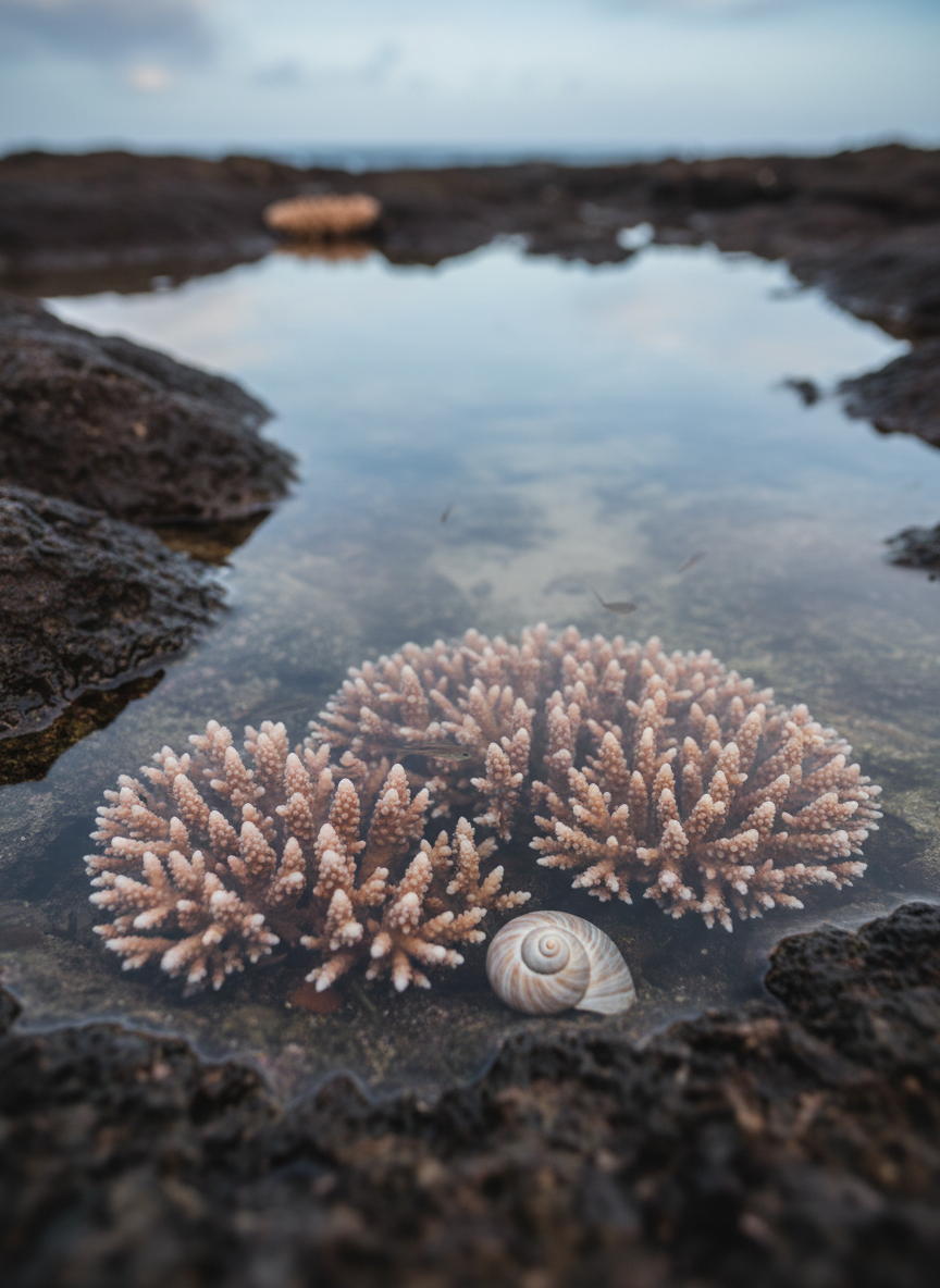 An intimate close-up of a Mayotte coral reef tide pool at low tide, captured in photographic realism. The subject is a cluster of branching coral heads in soft pinks, creams, and muted oranges, nestled among volcanic rock. Tiny, translucent fish and a lone spiral seashell rest between coral branches, their textures sharply detailed. The water surface is glassy and clear, reflecting a pale blue sky with faint clouds. Soft, diffused overcast light from above eliminates harsh shadows, revealing subtle color gradients. Shot from a slightly elevated angle with shallow depth of field, the foreground coral is in crisp focus while the background rocks and sea fade into a gentle bokeh, creating a contemplative, almost scientific mood suited to ecological exploration.