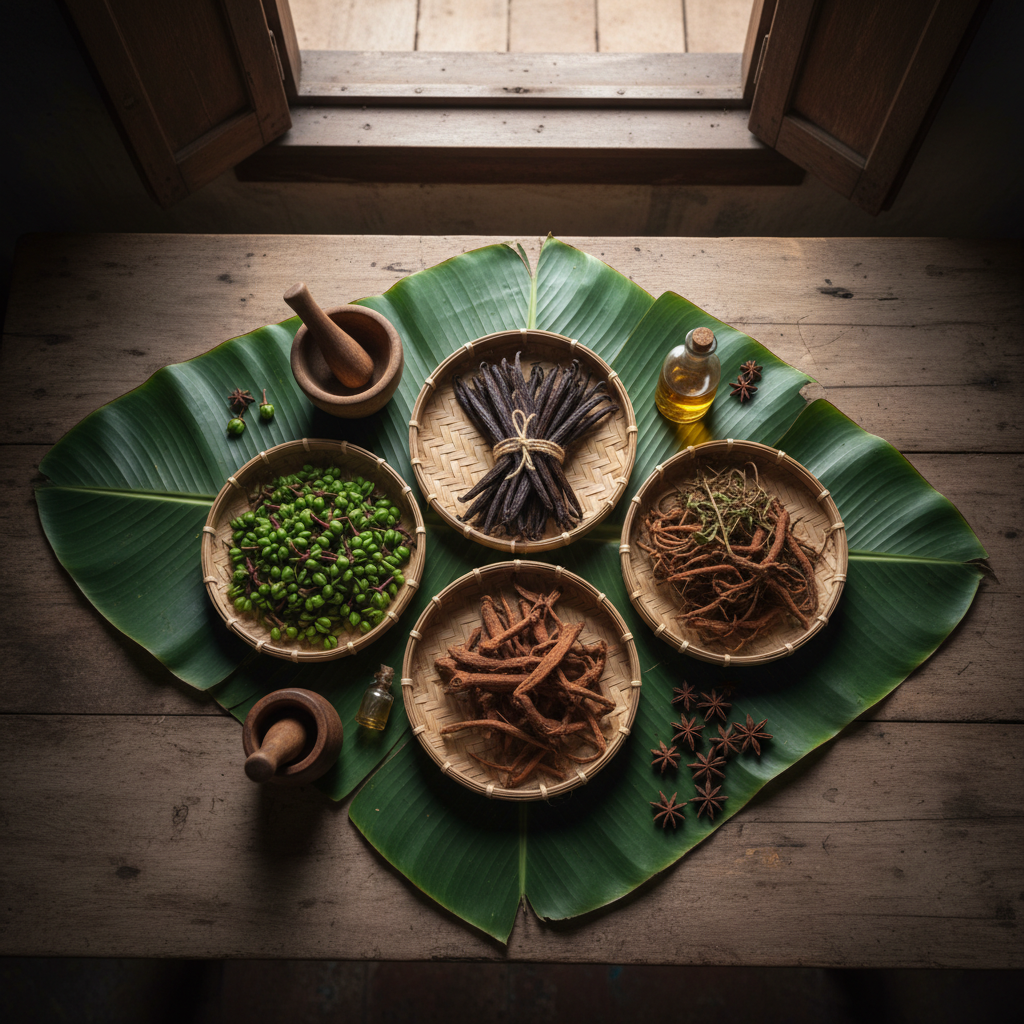 A top-down photographic view of a traditional Mayotte spice and plant still life arranged on a weathered wooden table. Neatly placed woven palm-leaf baskets contain fresh green cloves, dried vanilla pods, and twisted roots of medicinal plants, each with distinct textures and earthy tones. Large, dark-green banana leaves form an elegant backdrop, their veins sharply defined. Ambient daylight from a nearby open window creates soft, lateral lighting, casting refined, gentle shadows and subtle highlights on the glossy leaves and matte spices. The composition is carefully balanced, with objects arranged in a quiet, almost museum-like order, evoking a scholarly yet sensual atmosphere that connects anthropology and ethnobotany through photographic realism and understated sophistication.
