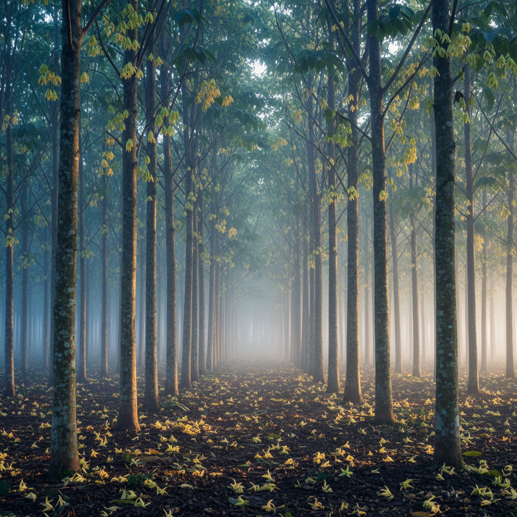 A sophisticated photographic scene of a dense ylang-ylang grove in Mayotte at dawn, without any human presence. Tall, slender trunks rise vertically, their bark a mix of silver-gray and muted brown, while long, pendulous clusters of lime-green flowers hang like delicate ornaments. The ground is layered with fallen golden petals and dark, rich soil. Mist clings lightly between the trees, softening the distant foliage. Cool, bluish pre-sunrise light filters through the canopy, punctuated by a few warm streaks of early sun, producing gentle contrasts and soft shadows. Composed at eye level with a slightly telephoto lens to compress the trees, the image feels contemplative and slightly mysterious, evoking an ethnobotanical narrative in refined, naturalistic detail.